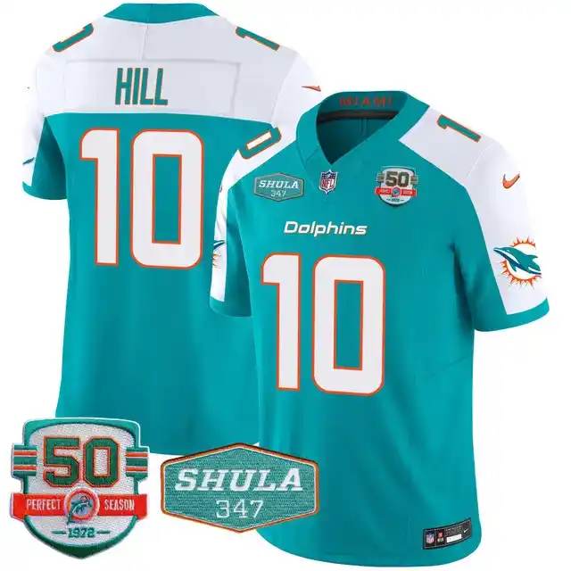 Men's Miami Dolphins #10 Tyreek Hill Aqua F.U.S.E With 347 Shula Patch And 50th Perfect Season Patch Vapor Limited Stitched Football Jersey Men's Miami Dolphins #10 Tyreek Hill Aqua F.U.S.E With 347 Shula Patch And 50th Perfect Season Patch Vapor Limited Stitched Football Jersey